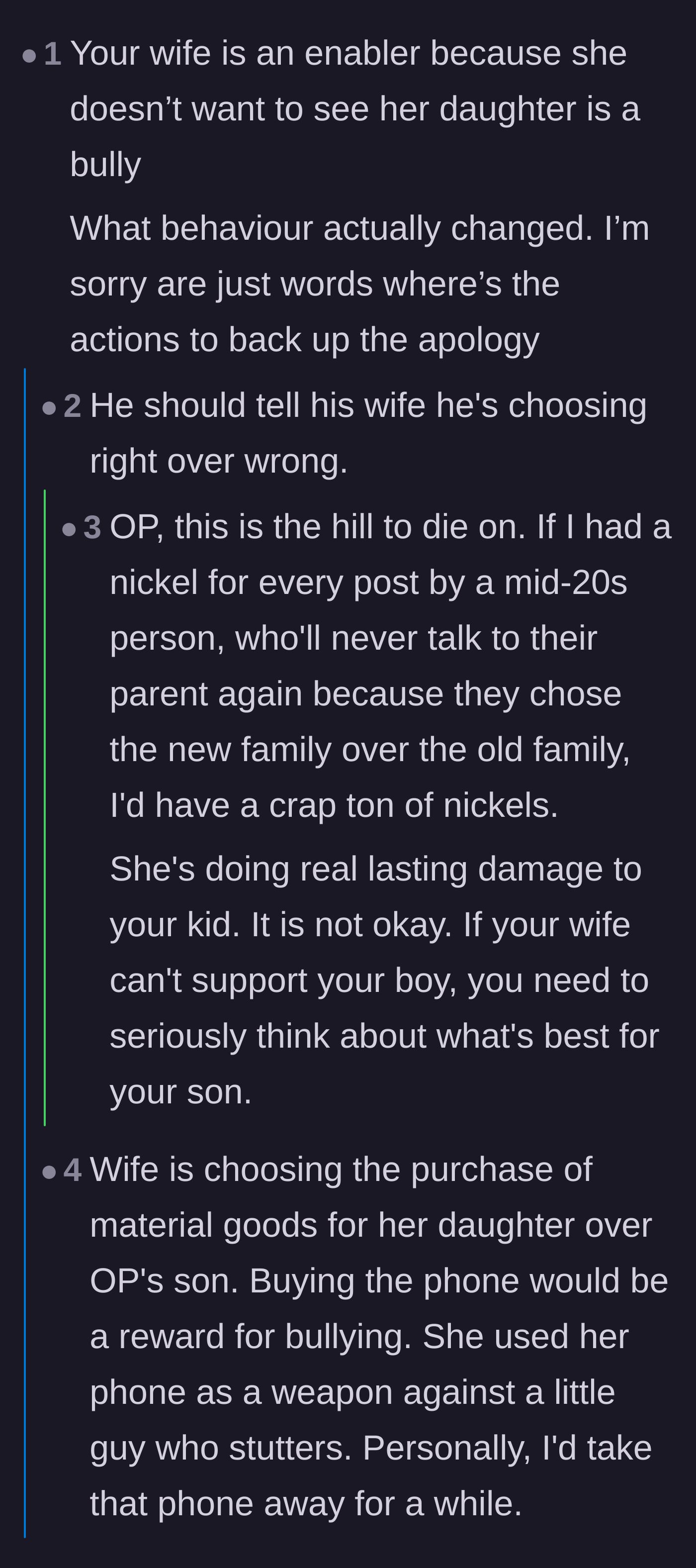Comment thread 1 - A discussion on the long-term trauma of parental enabling and the suggestion to downgrade the stepdaughter to a flip phone.