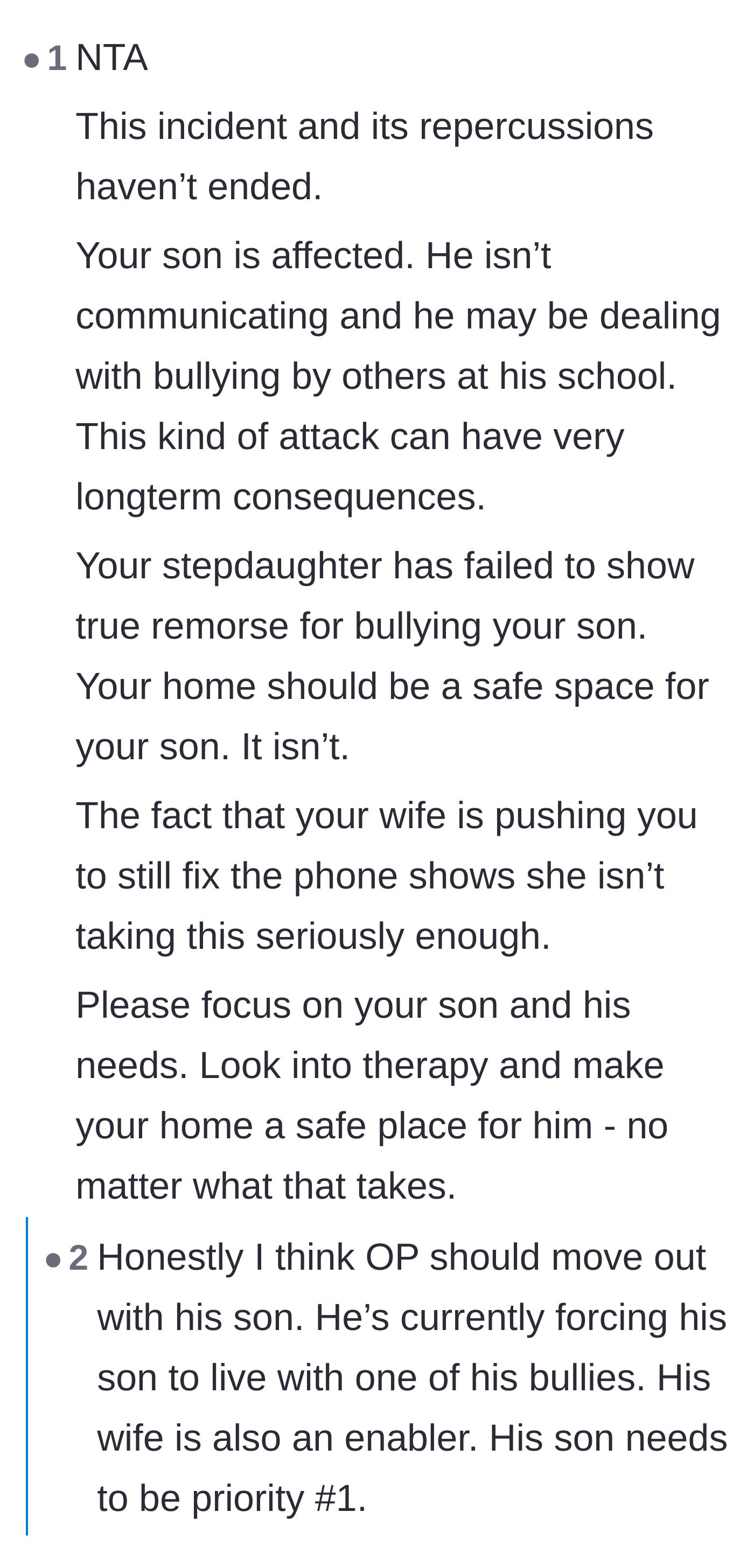 Comment thread 2 - Advice urging the father to prioritize his son's safety, warning that the home is no longer a safe space.