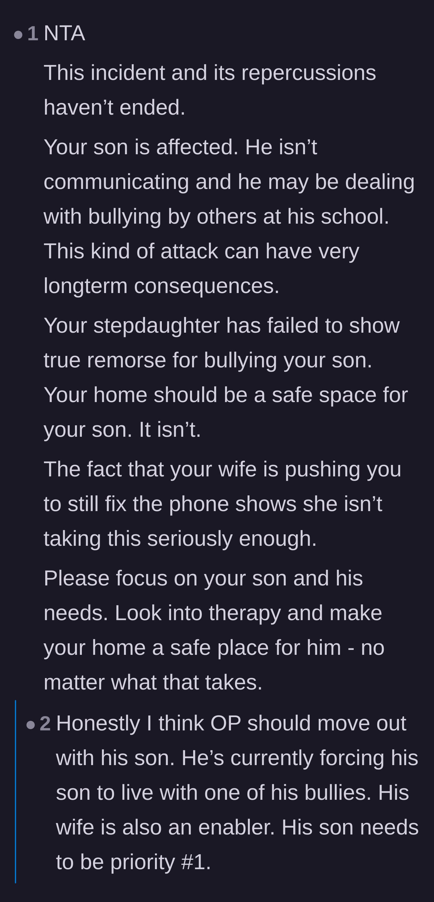 Comment thread 2 - Advice urging the father to prioritize his son's safety, warning that the home is no longer a safe space.