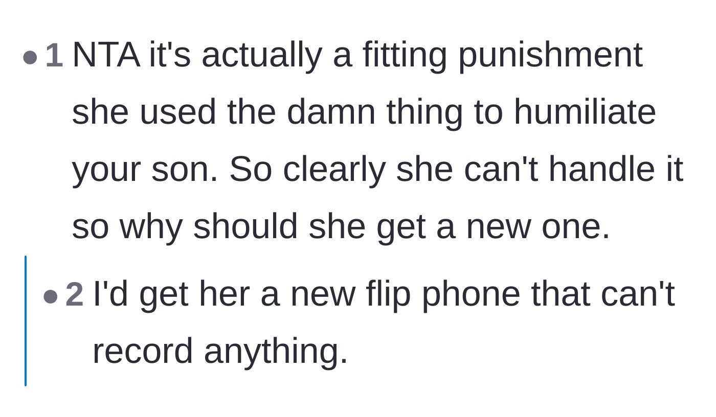 Comment thread 4 - Agreeing that denying the phone replacement is the most logical and fitting consequence for cyberbullying.