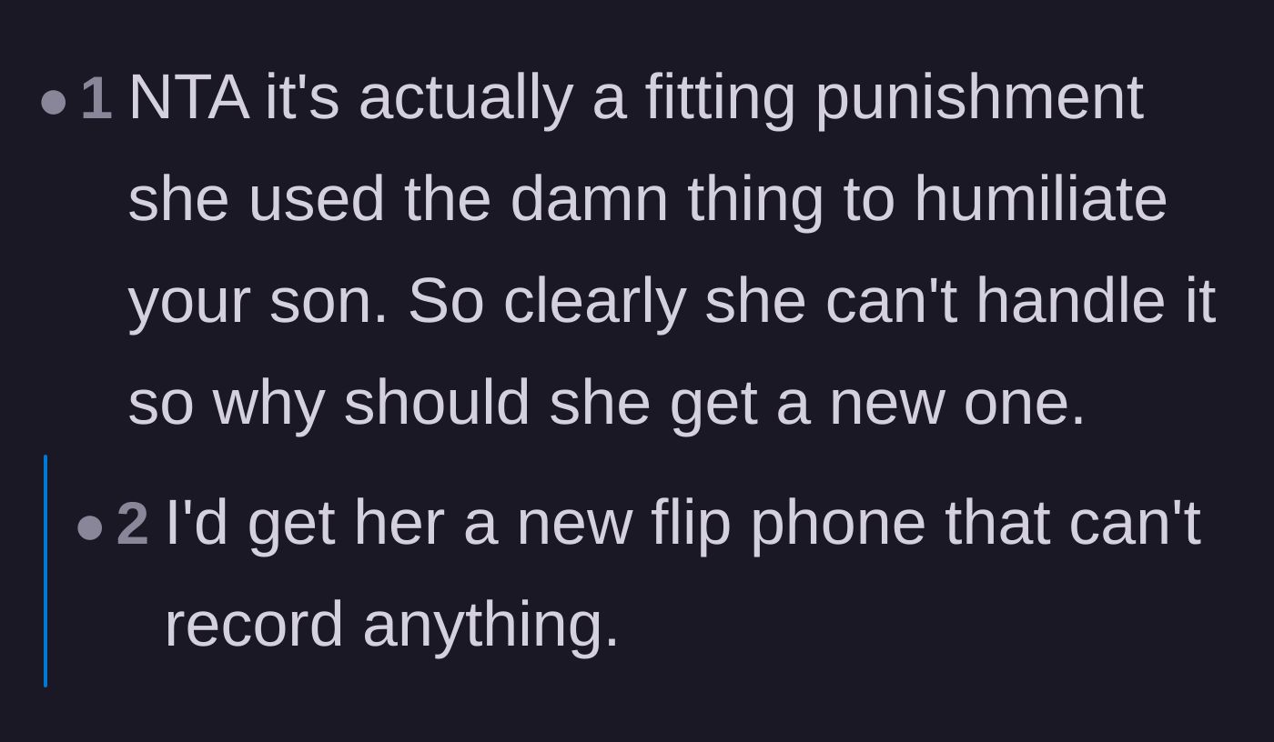 Comment thread 4 - Agreeing that denying the phone replacement is the most logical and fitting consequence for cyberbullying.