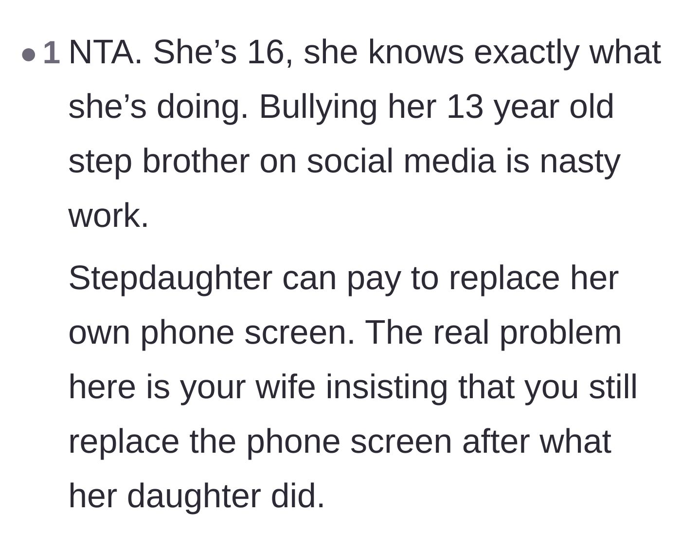 Comment thread 5 - Pointing out that a 16-year-old fully understands the cruelty of her actions and criticizing the wife's demands.