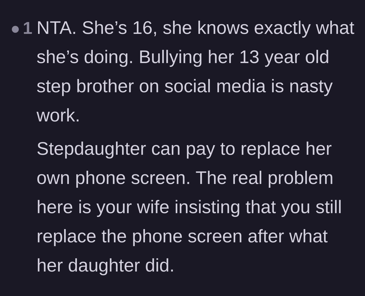 Comment thread 5 - Pointing out that a 16-year-old fully understands the cruelty of her actions and criticizing the wife's demands.