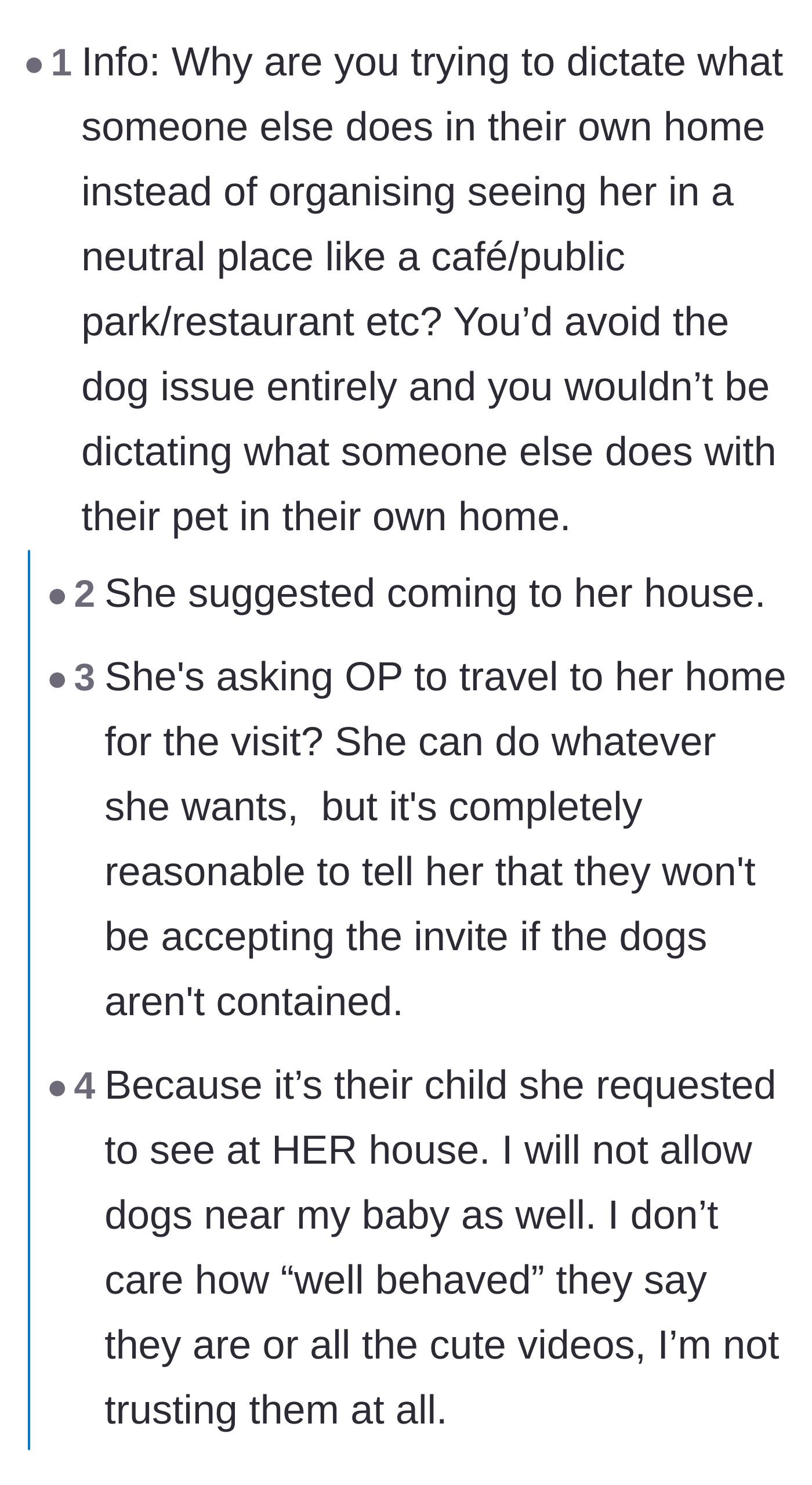 Comment thread 1 - Debating whether to meet at a neutral location versus putting the dogs away at home