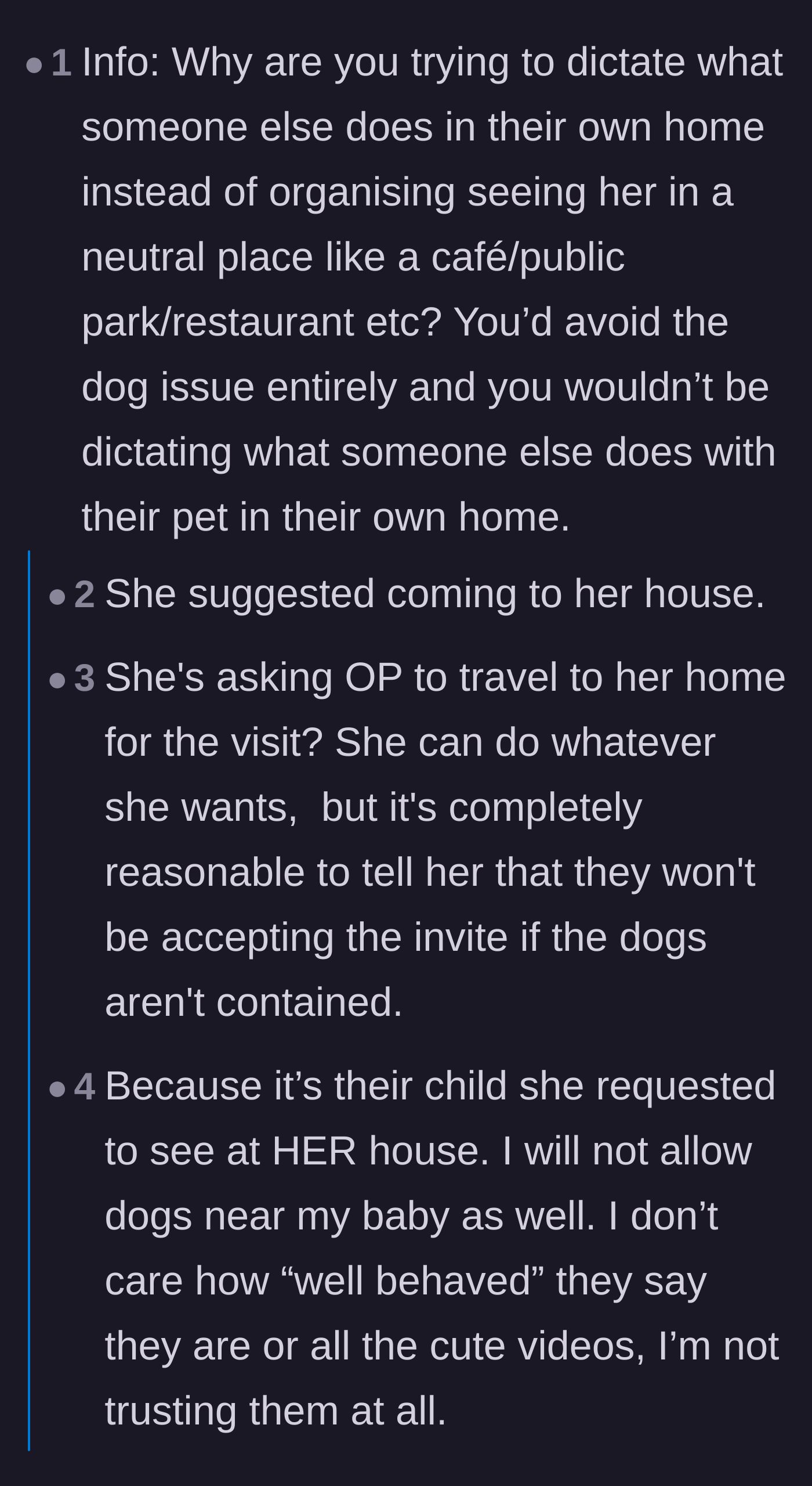 Comment thread 1 - Debating whether to meet at a neutral location versus putting the dogs away at home