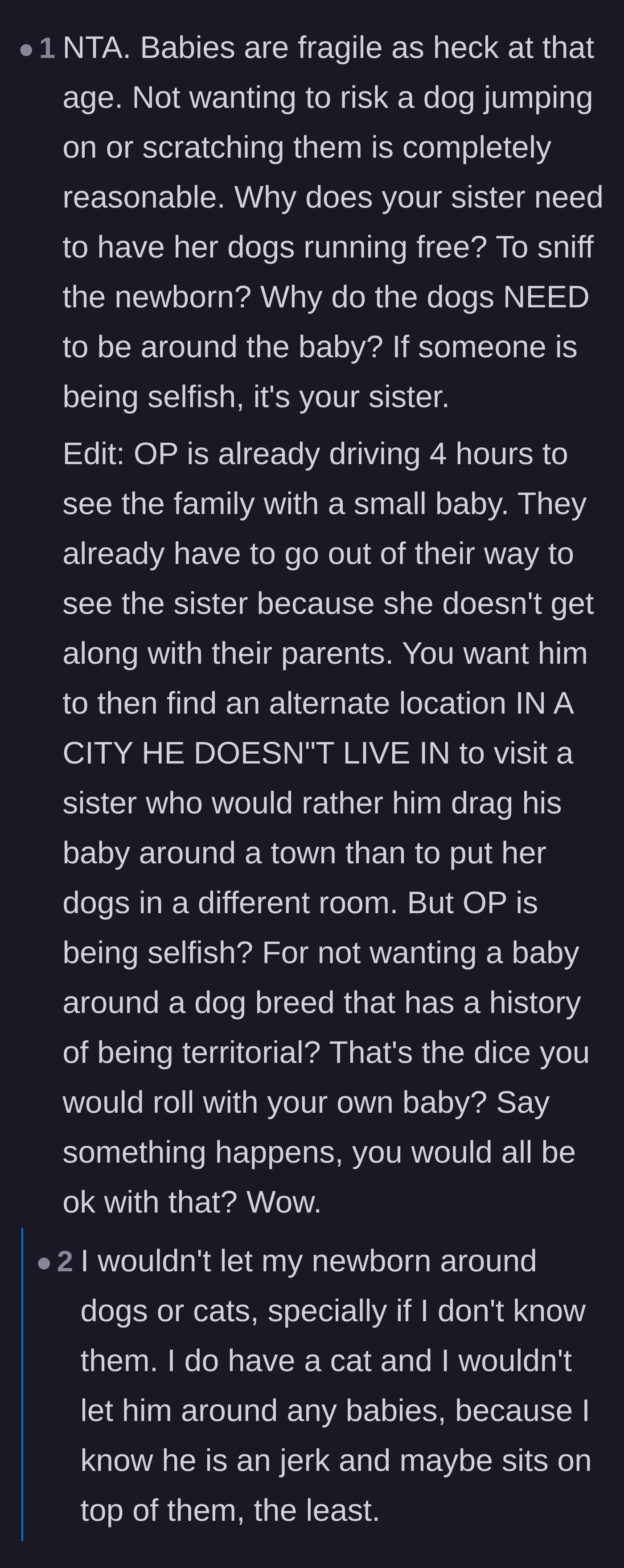 Comment thread 6 - Defending the parent and highlighting the exhausting reality of road-tripping with a newborn
