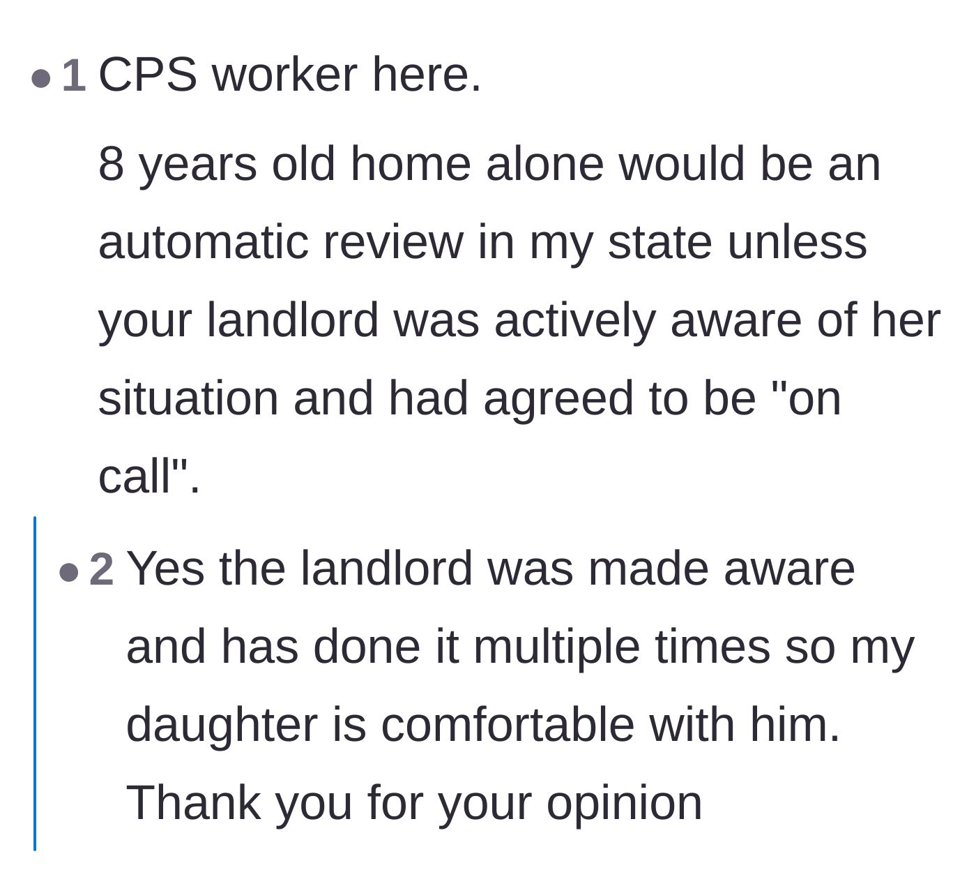 Comment thread 5 - A CPS worker explaining state review policies, with the parent confirming the landlord was officially on call.