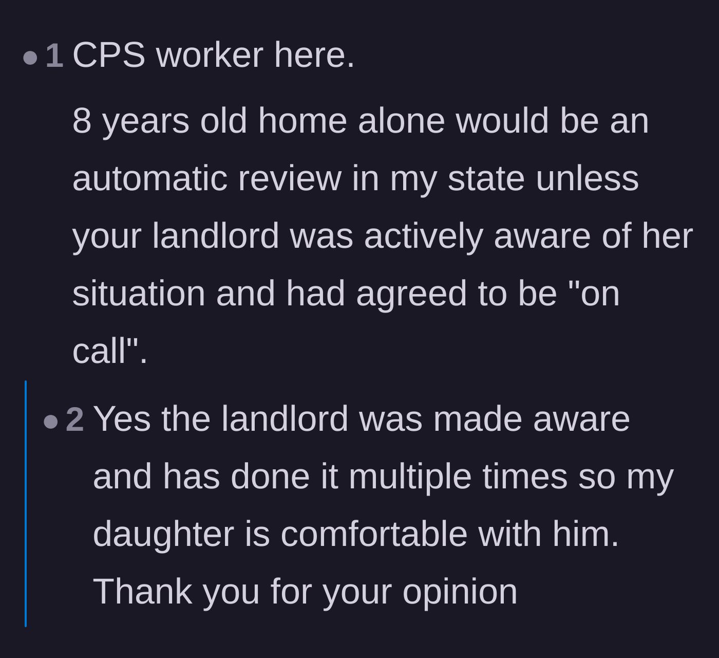 Comment thread 5 - A CPS worker explaining state review policies, with the parent confirming the landlord was officially on call.