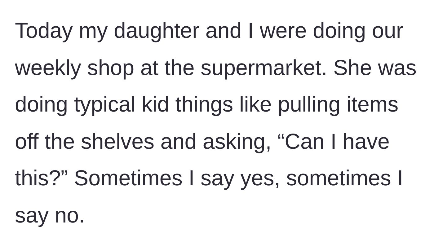 Story part 1 - Parent and child shopping in a supermarket while the kid asks for various items off the shelves.