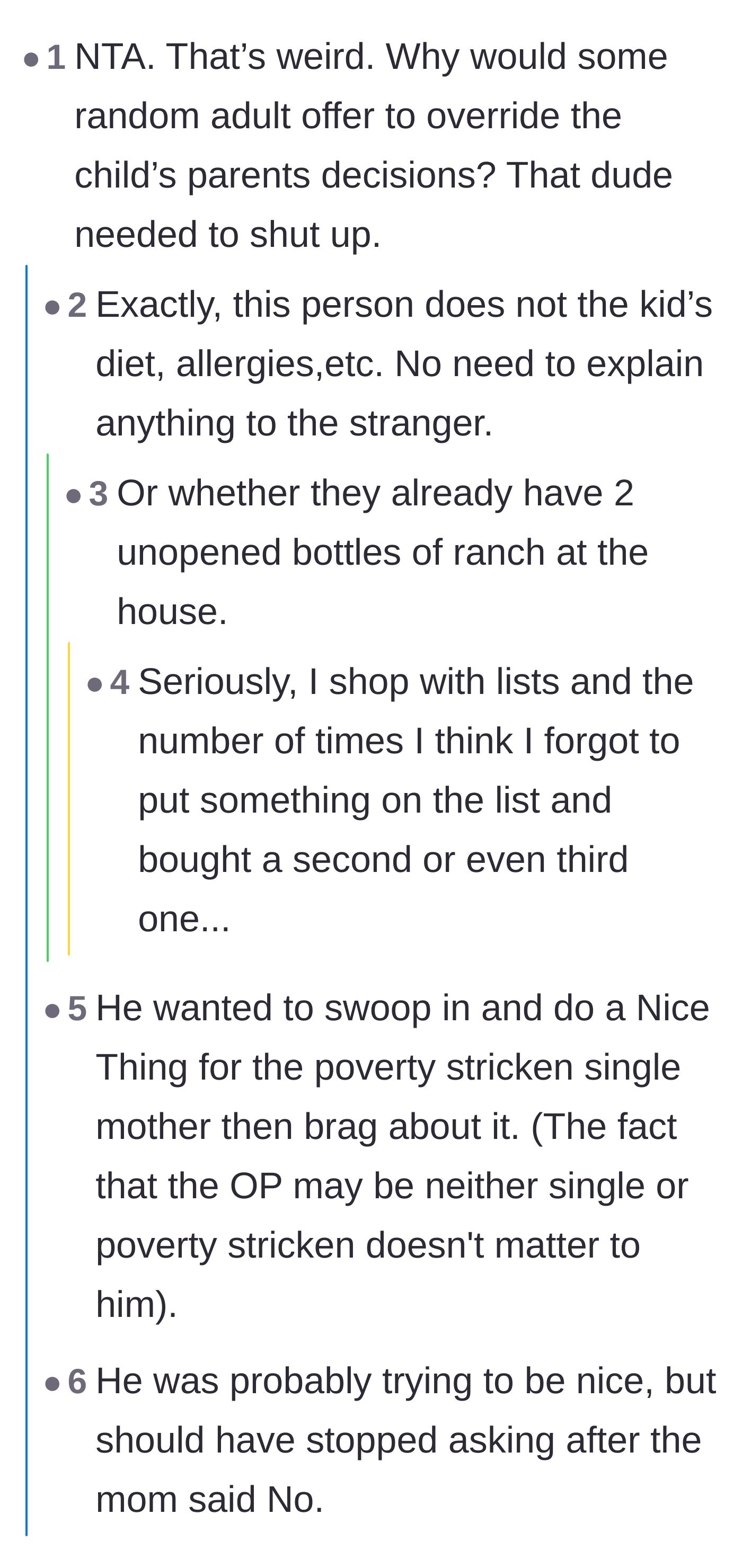 Comment thread 2 - Discussion on how inappropriate it is for a stranger to override a parent's rules or dietary choices.