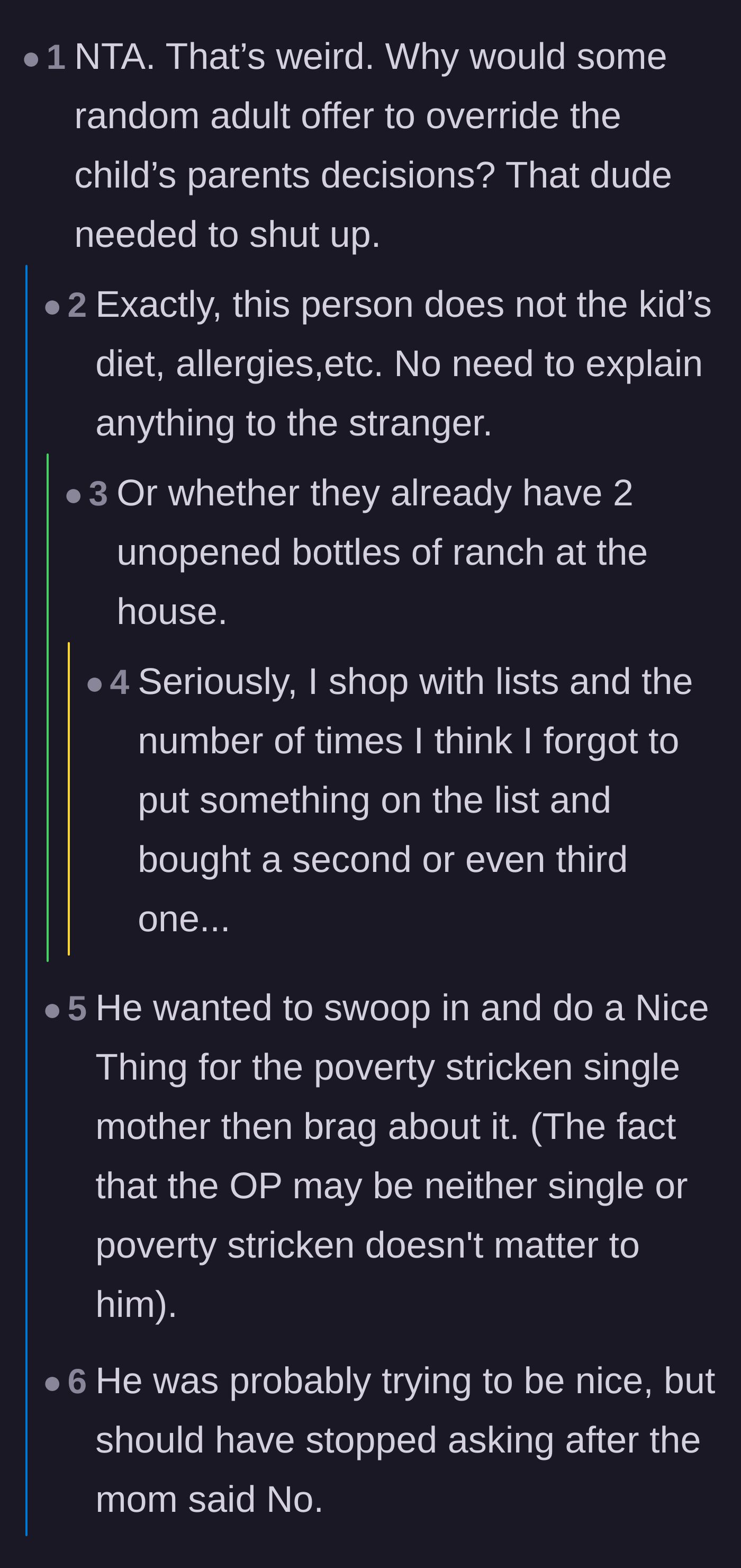 Comment thread 2 - Discussion on how inappropriate it is for a stranger to override a parent's rules or dietary choices.