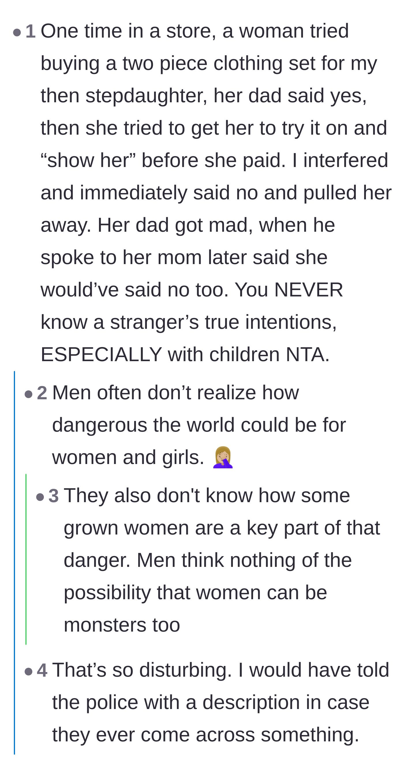 Comment thread 4 - A disturbing shared story about another stranger trying to buy clothes for a child and asking her to try them on.