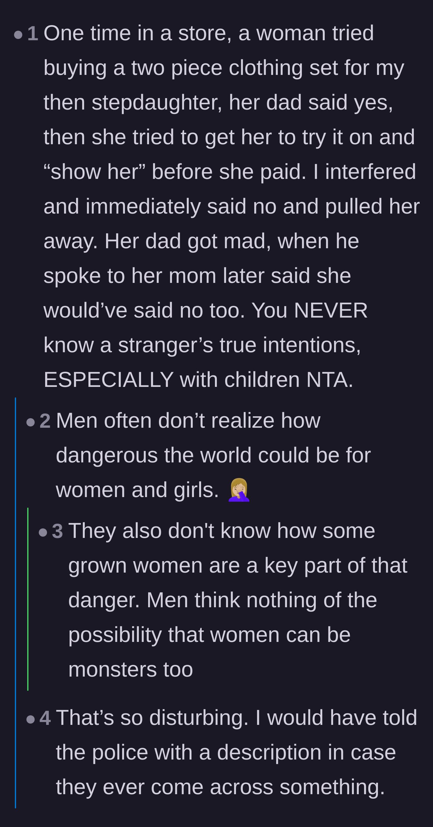 Comment thread 4 - A disturbing shared story about another stranger trying to buy clothes for a child and asking her to try them on.
