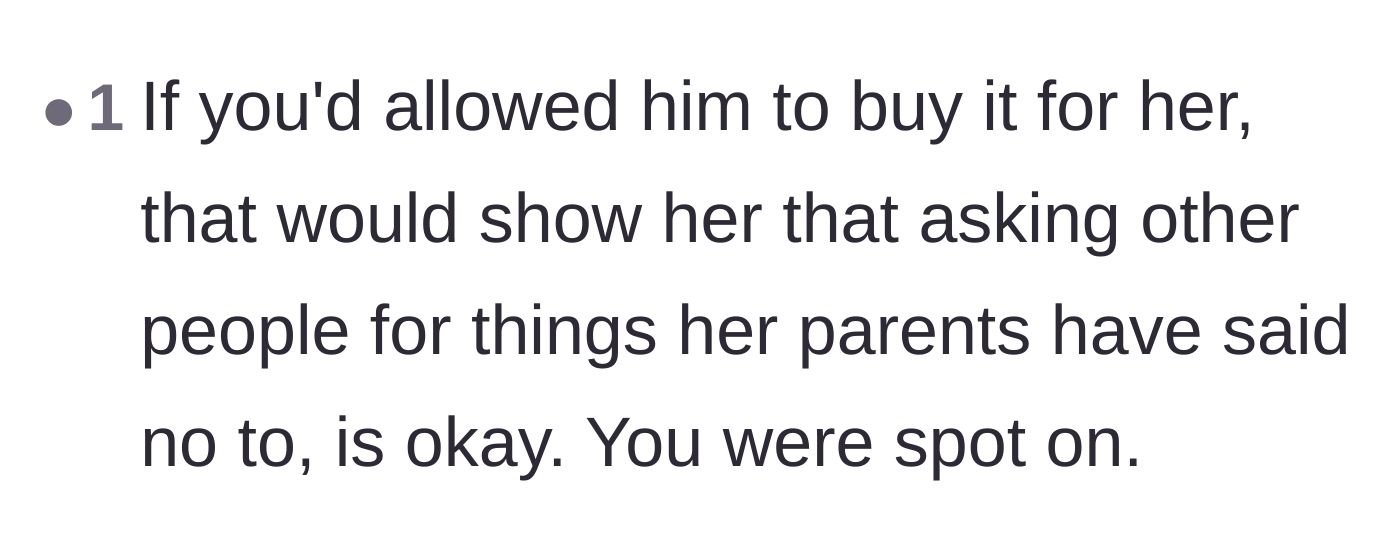 Comment thread 6 - Pointing out that accepting the gift would teach the child to just ask strangers when parents say no.