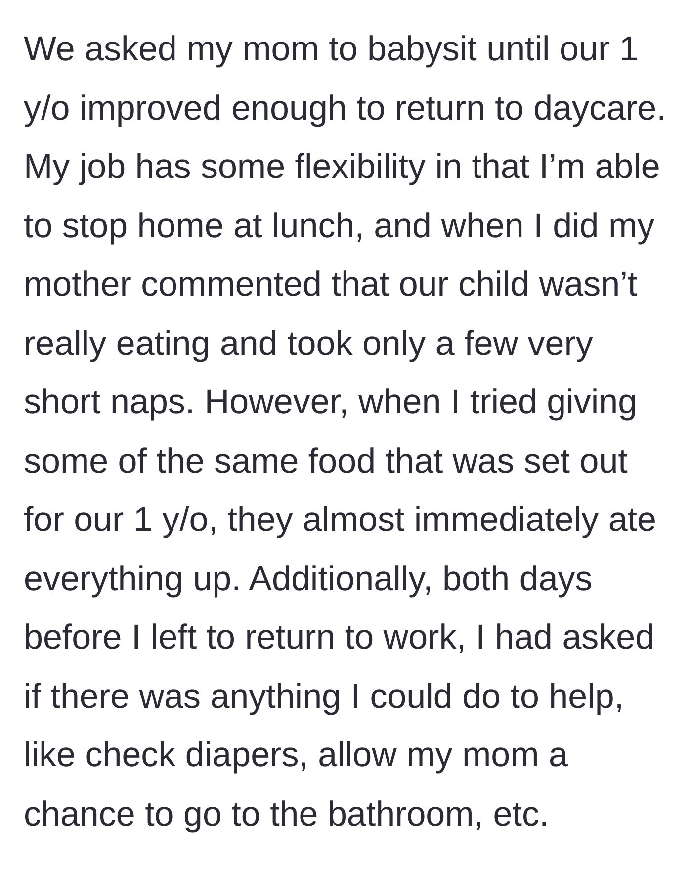 Story part 2 - A father visiting his house on his lunch break to check on his child and mother.