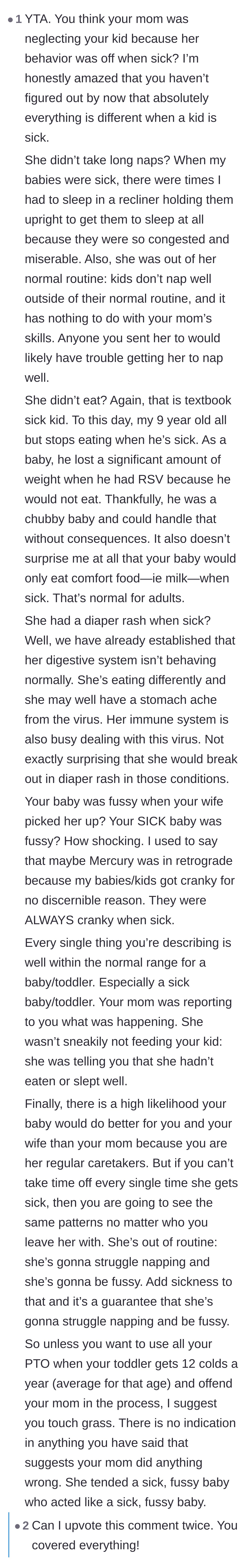 Comment thread 1 - A discussion explaining that fussy behavior, loss of appetite, and disrupted sleep are completely normal physiological responses for a sick toddler.