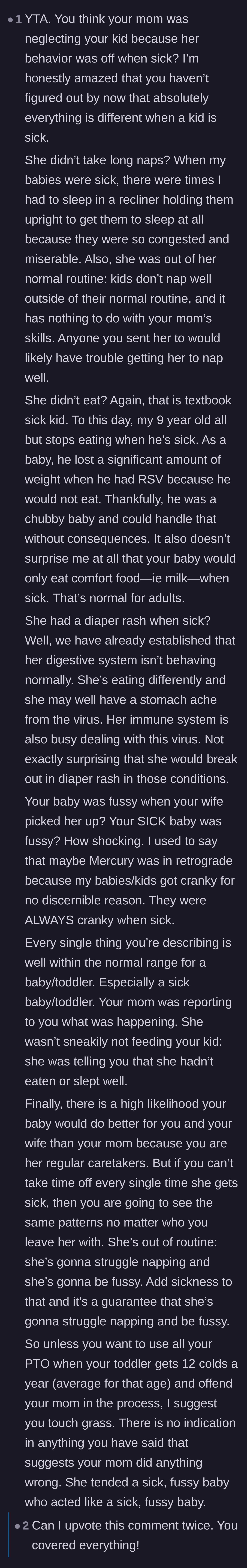 Comment thread 1 - A discussion explaining that fussy behavior, loss of appetite, and disrupted sleep are completely normal physiological responses for a sick toddler.