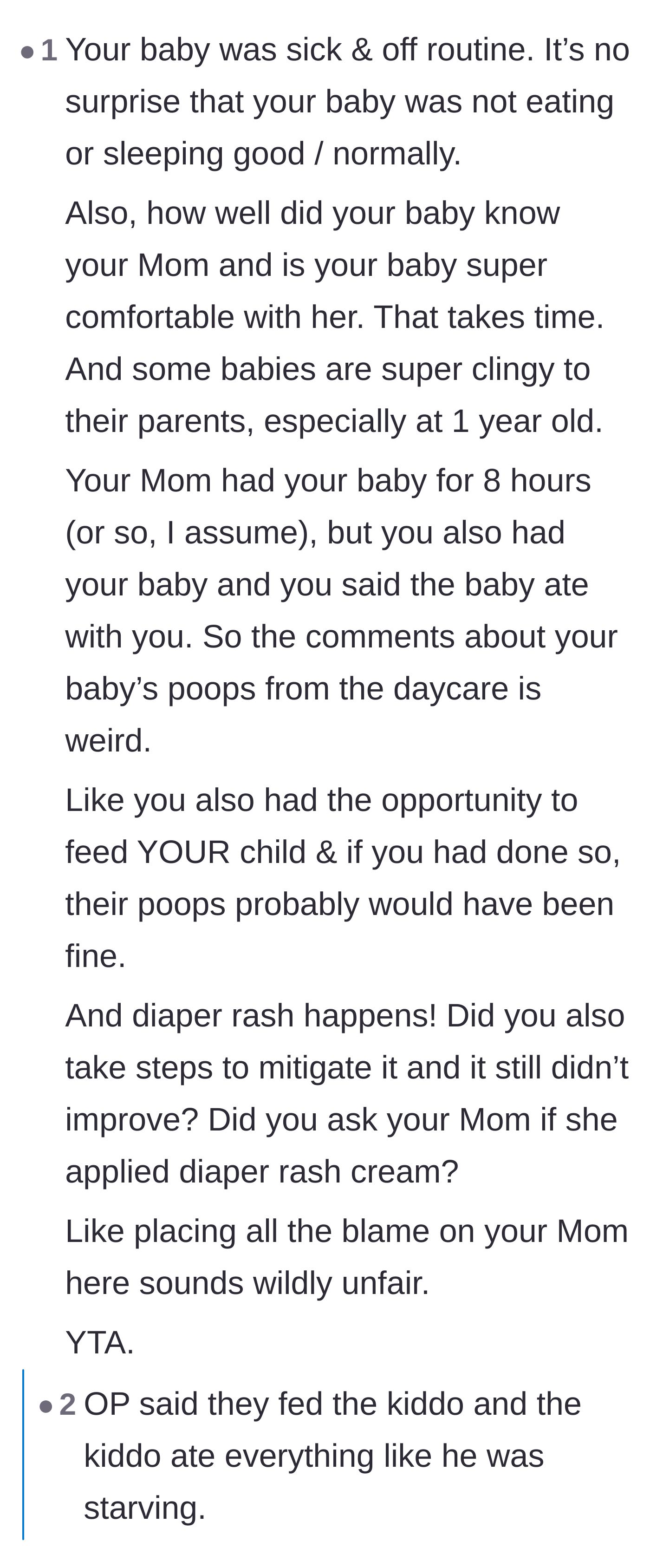 Comment thread 3 - Commenters spotting a contradiction between the father claiming the baby ate a huge lunch and the daycare claiming the baby had only consumed milk for days.