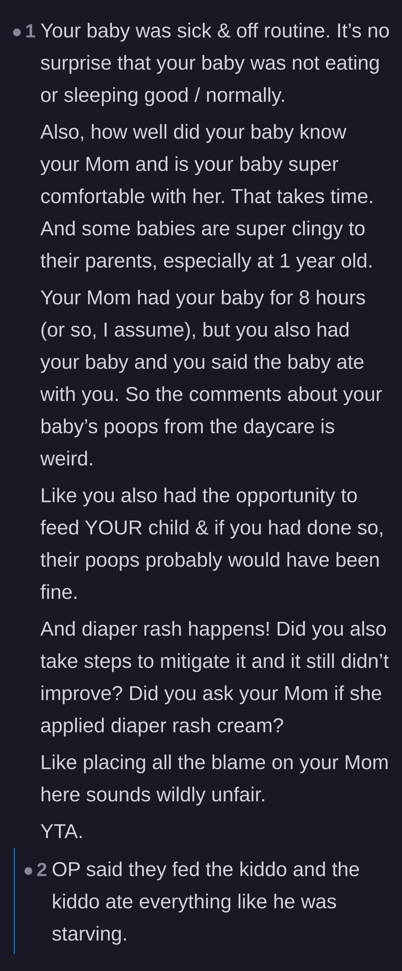 Comment thread 3 - Commenters spotting a contradiction between the father claiming the baby ate a huge lunch and the daycare claiming the baby had only consumed milk for days.