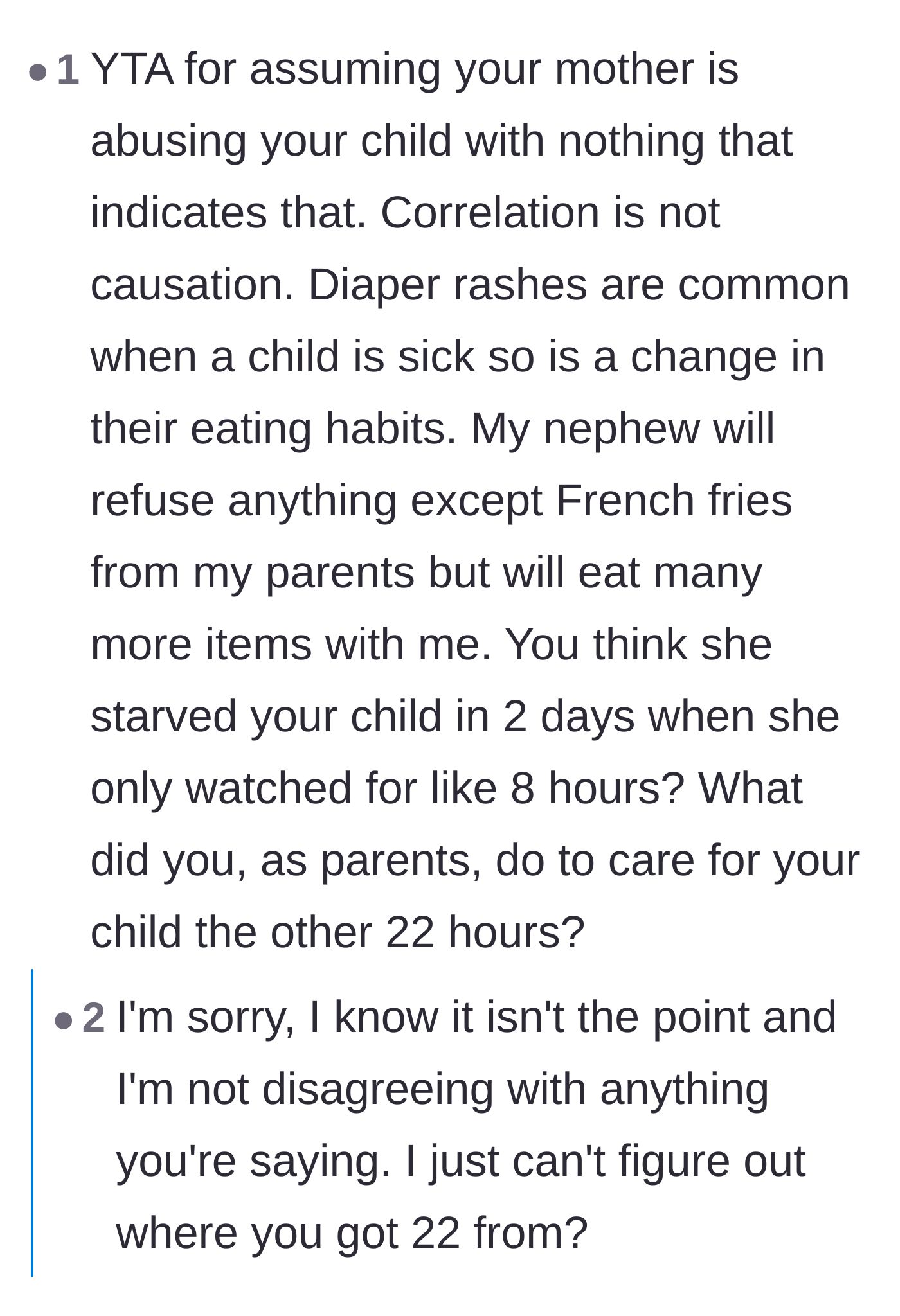 Comment thread 5 - A user pointing out that correlation is not causation and questioning the mathematical breakdown of who actually cared for the child the most during those 48 hours.