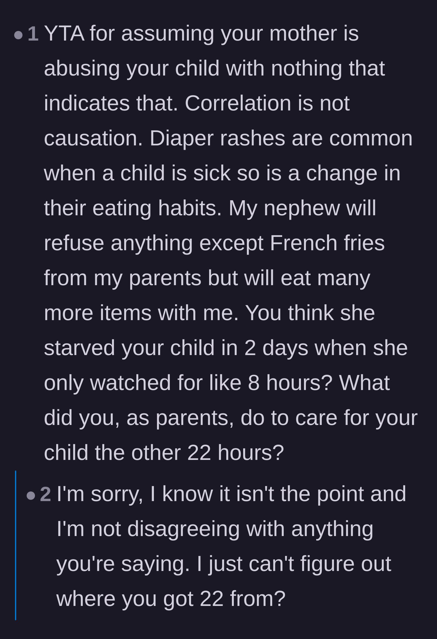 Comment thread 5 - A user pointing out that correlation is not causation and questioning the mathematical breakdown of who actually cared for the child the most during those 48 hours.