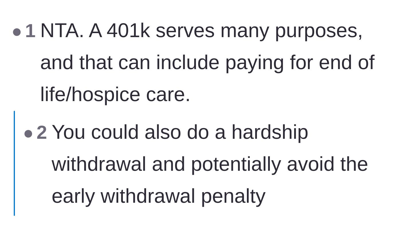 Comment thread 3 - Practical advice on using 401k hardship withdrawals for hospice care