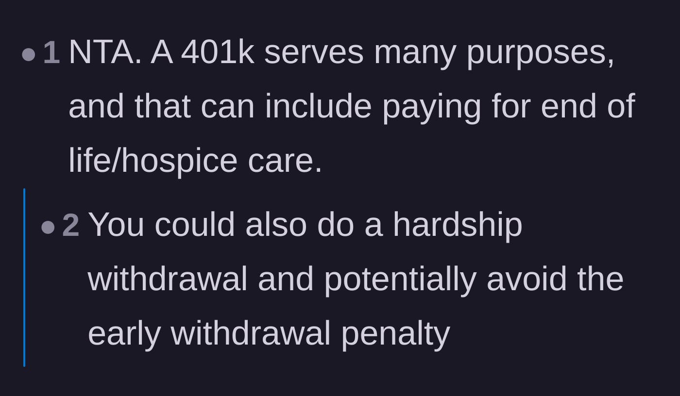 Comment thread 3 - Practical advice on using 401k hardship withdrawals for hospice care