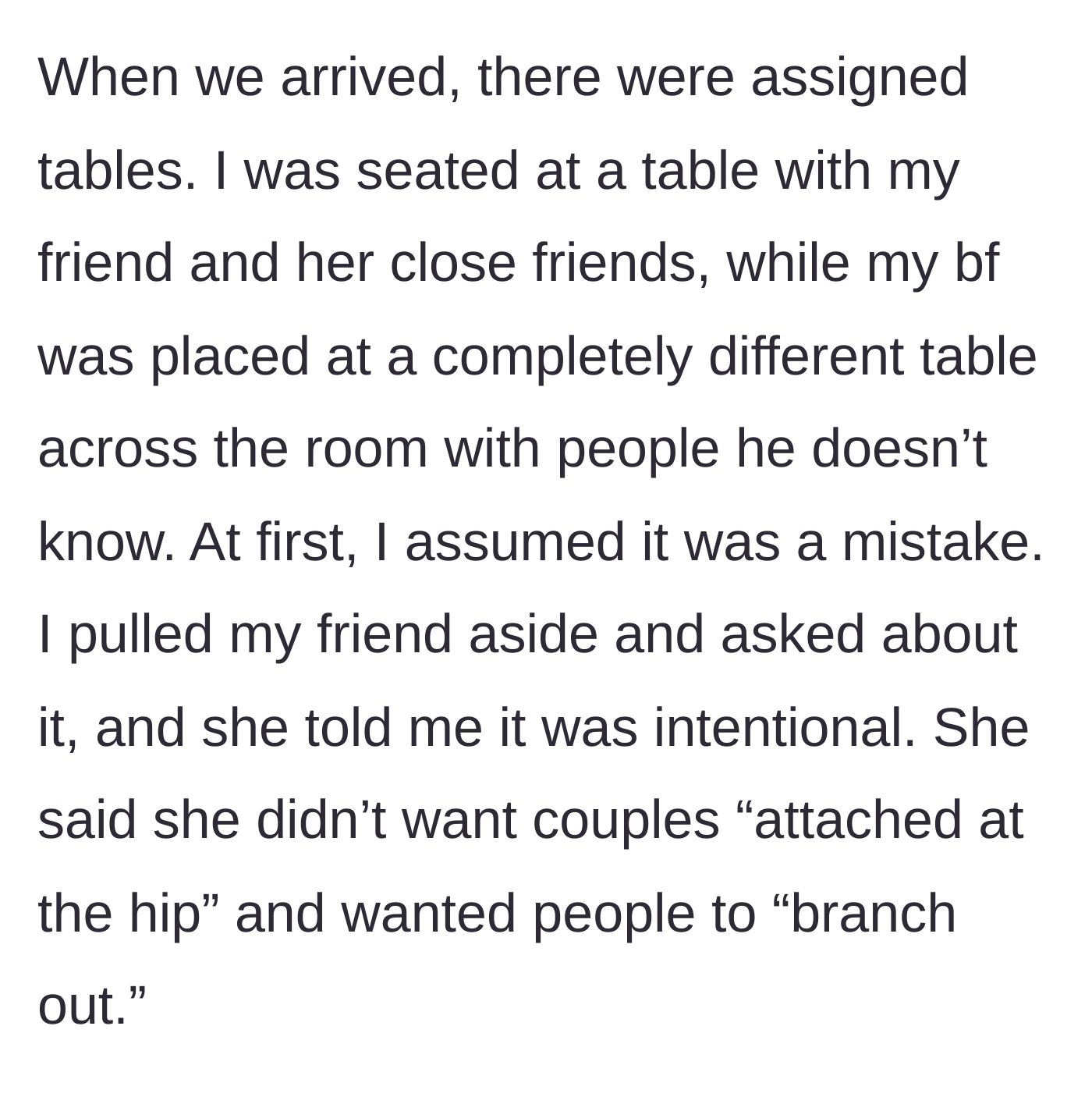 Story part 2 - The shocking discovery of separate assigned seating at the party and the friend's corporate-sounding excuse.