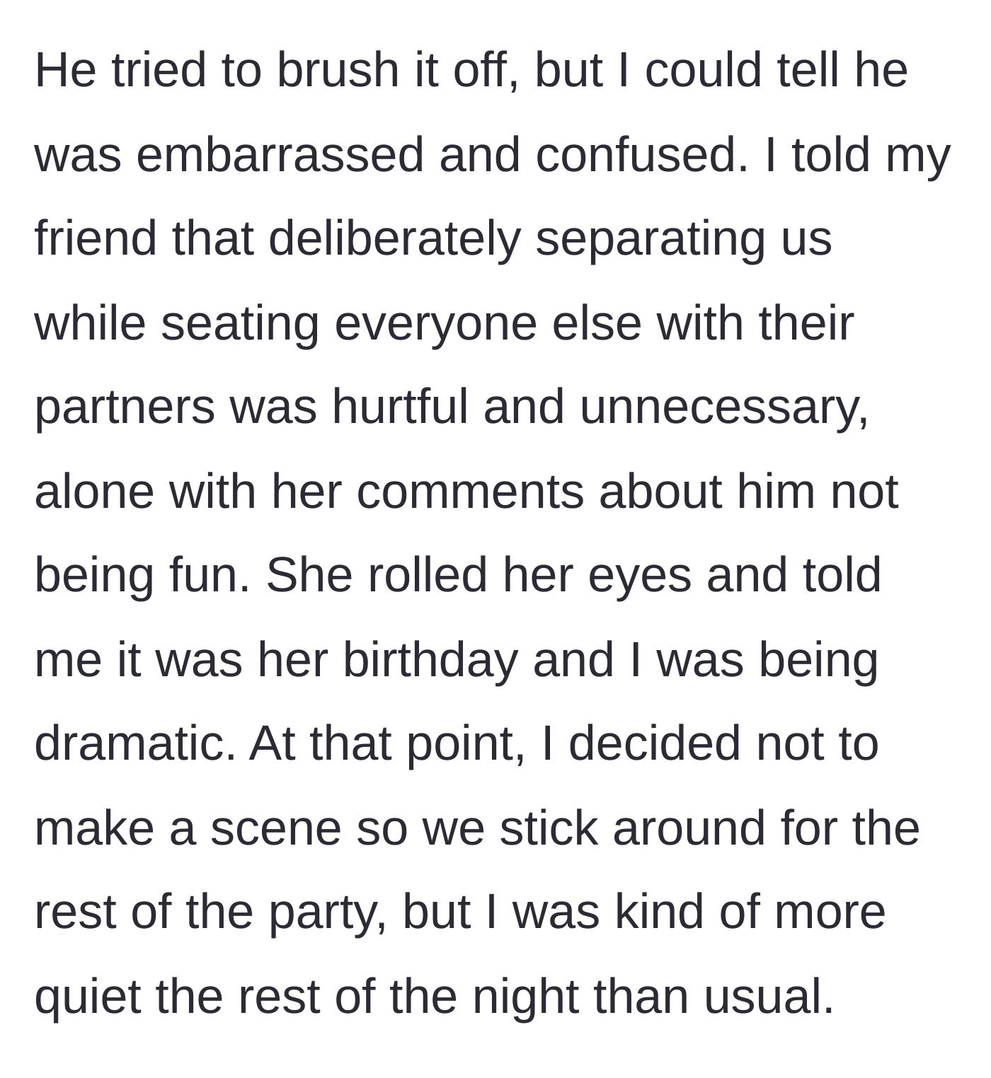 Story part 4 - The confrontation where the friend rolls her eyes and the main character decides to stay but remain quiet.