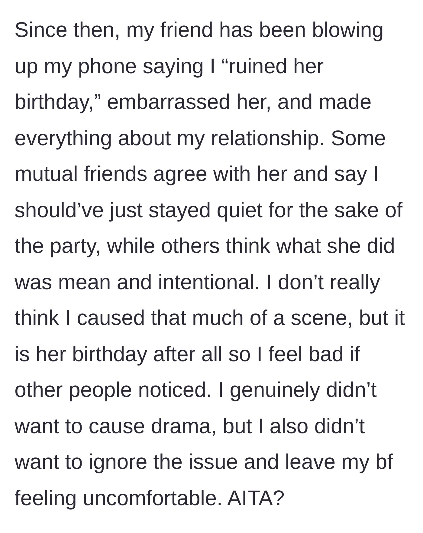 Story part 5 - The aftermath with text messages from the friend claiming her birthday was ruined and the divided friend group.