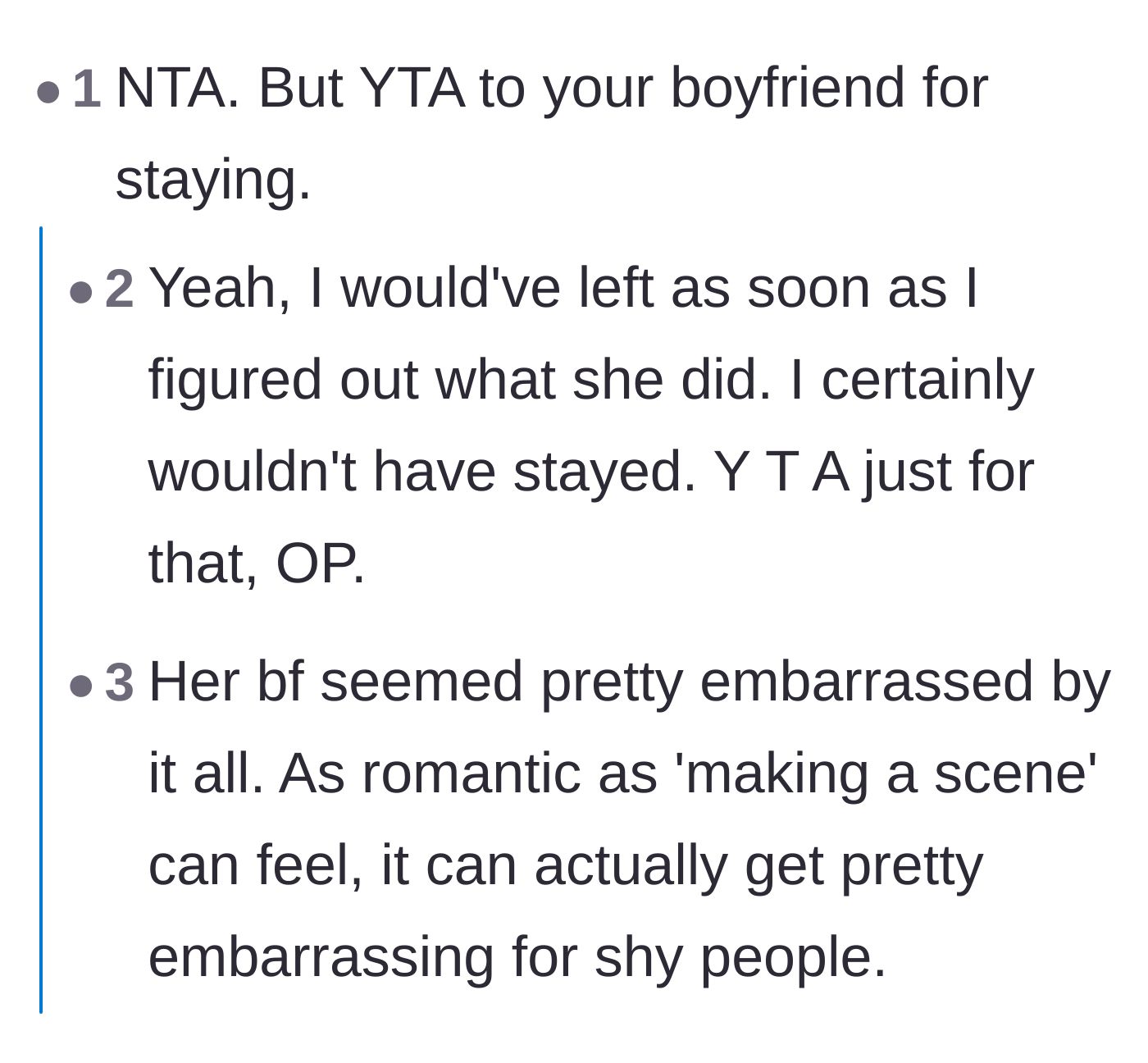 Comment thread 1 - Readers debate if the main character was wrong for staying at the party and leaving her boyfriend alone.