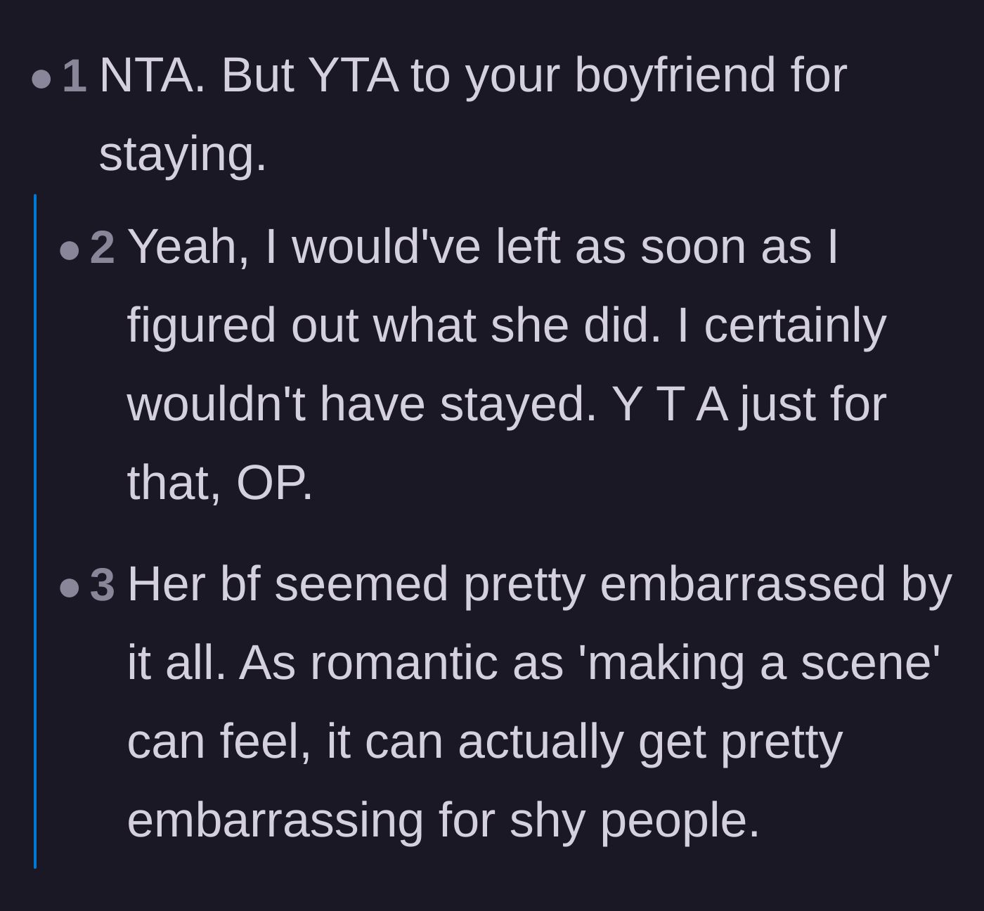 Comment thread 1 - Readers debate if the main character was wrong for staying at the party and leaving her boyfriend alone.