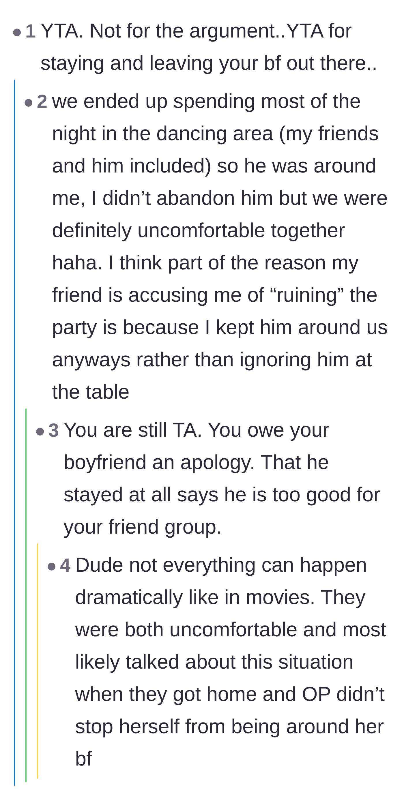 Comment thread 2 - A heated discussion on whether leaving quietly is better than staying and trying to ignore the awkwardness.