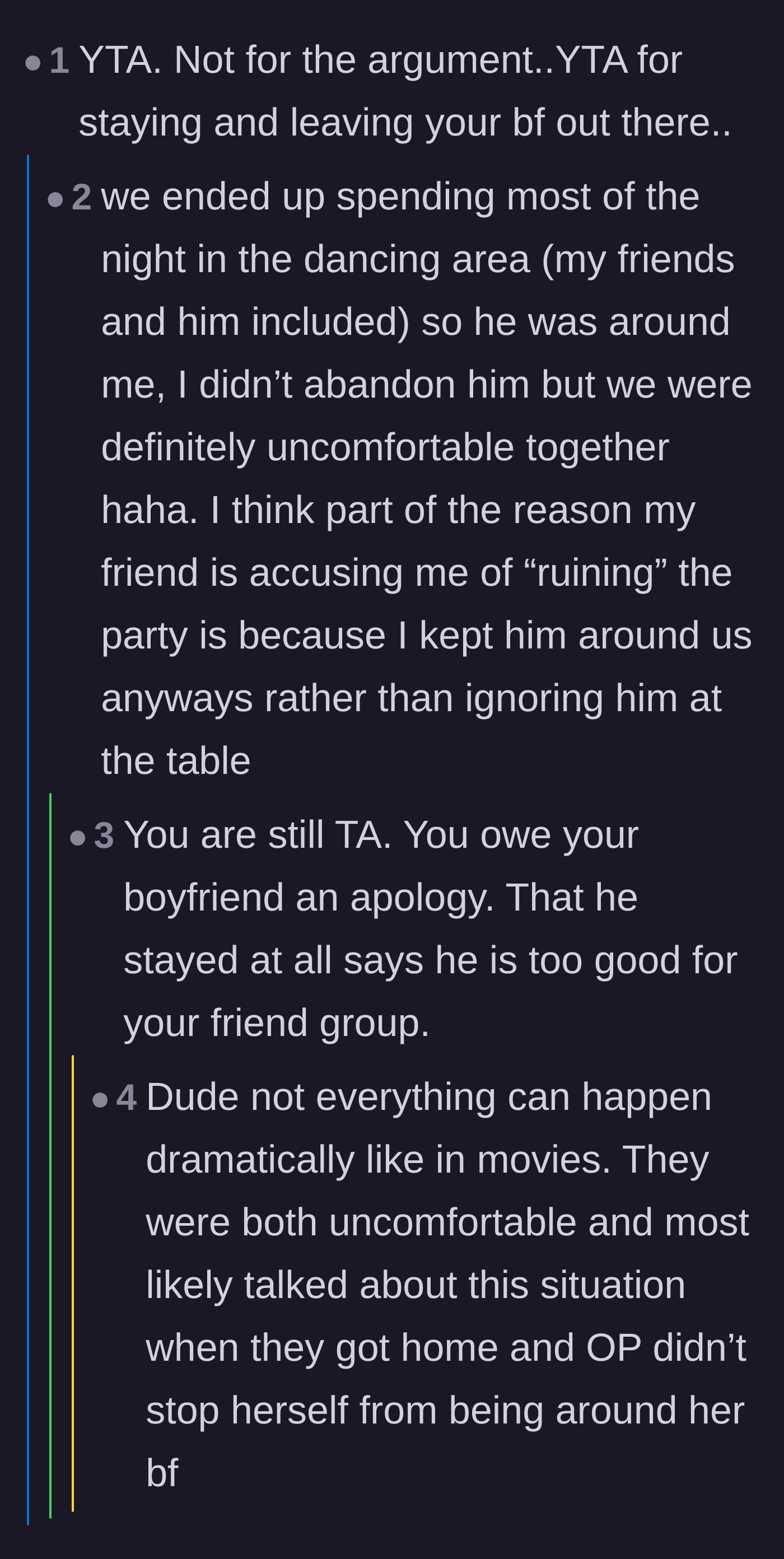 Comment thread 2 - A heated discussion on whether leaving quietly is better than staying and trying to ignore the awkwardness.