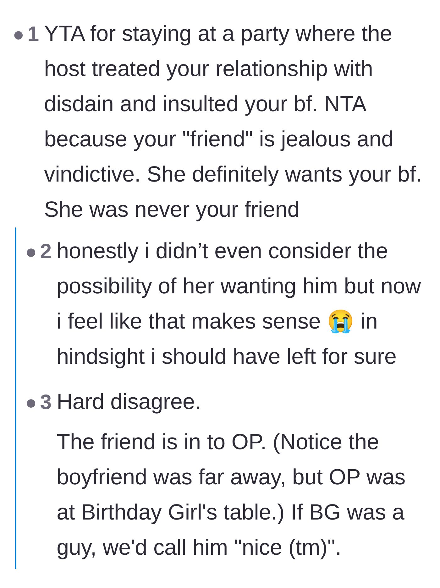 Comment thread 3 - Users theorize about the birthday girl's true motives, guessing everything from secret crushes to hidden jealousy.