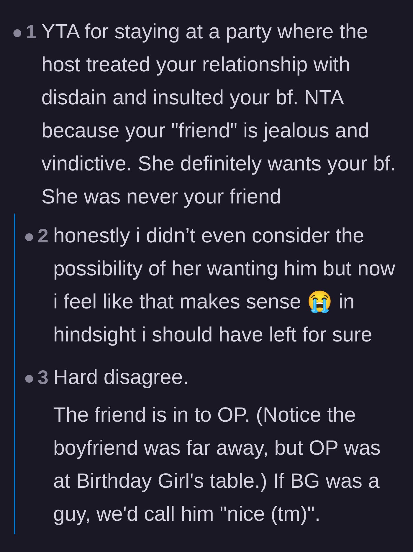 Comment thread 3 - Users theorize about the birthday girl's true motives, guessing everything from secret crushes to hidden jealousy.