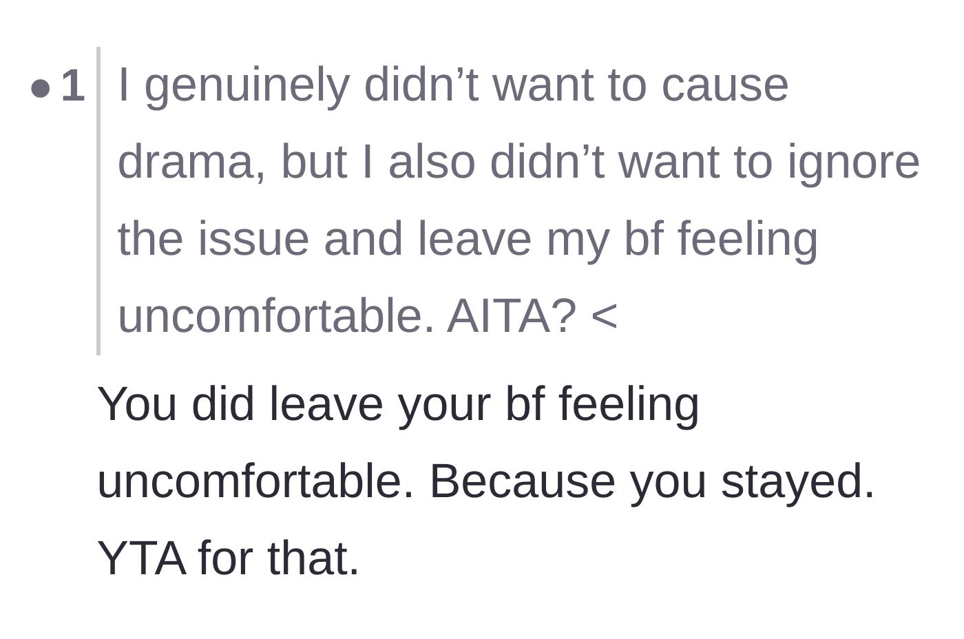Comment thread 5 - A reader points out the glaring contradiction in the main character's claim that she didn't want her boyfriend to feel uncomfortable.