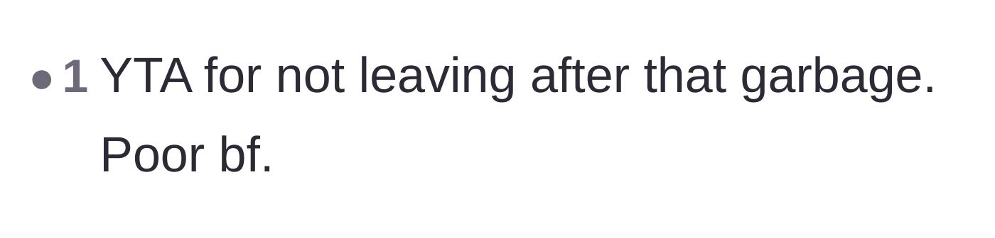 Comment thread 6 - Users express deep sympathy for the boyfriend and condemn the main character for not defending him by leaving.
