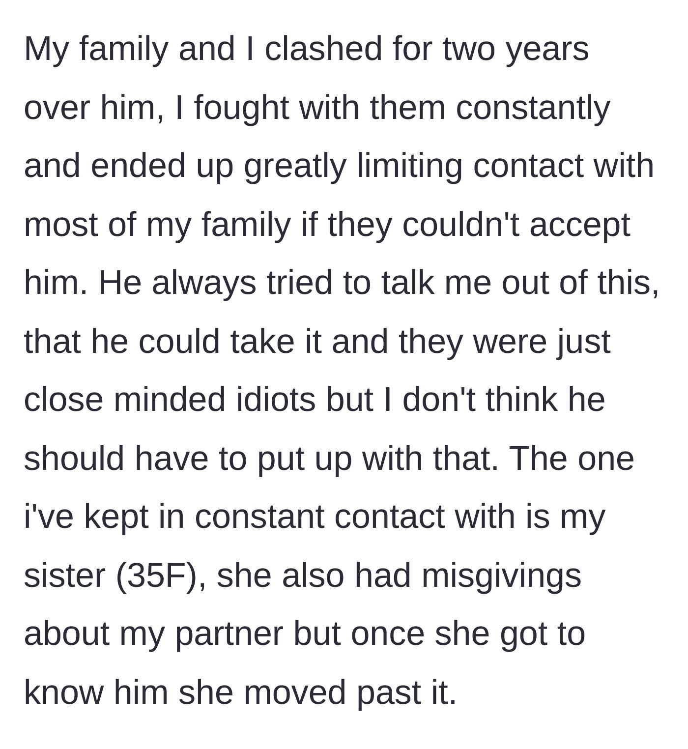 Story part 2 - Main character describes estranging herself from her toxic family to protect her partner, keeping only her sister in her life.