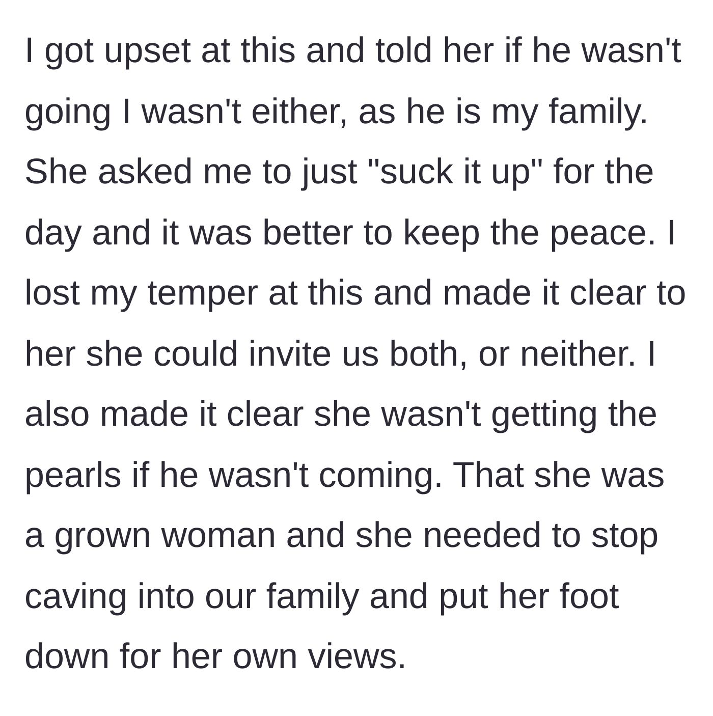 Story part 4 - Main character delivers an ultimatum, refusing to attend or lend the pearls unless her partner is invited, telling her sister to stand up to the family.