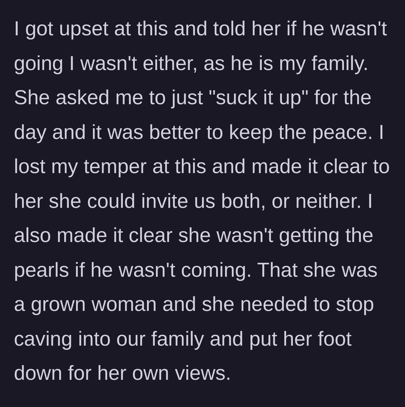 Story part 4 - Main character delivers an ultimatum, refusing to attend or lend the pearls unless her partner is invited, telling her sister to stand up to the family.