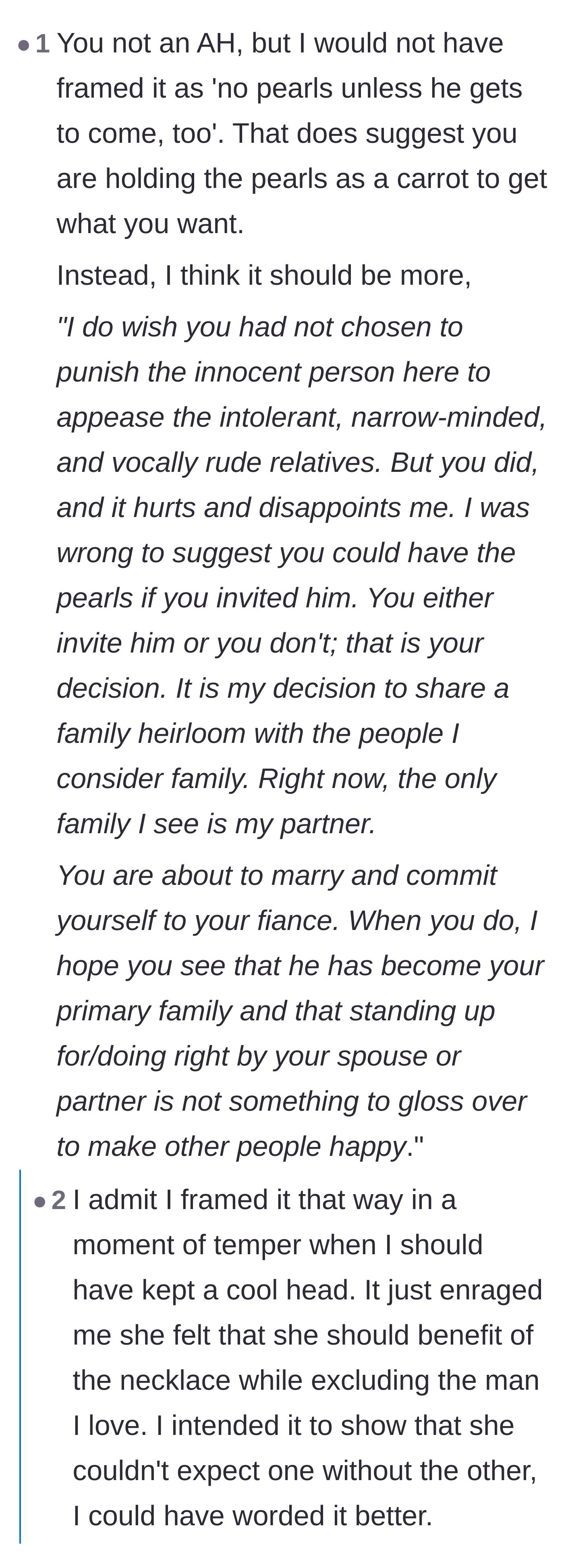 Comment thread 2 - A thoughtful commenter suggests a more diplomatic way to handle the ultimatum and the sister.