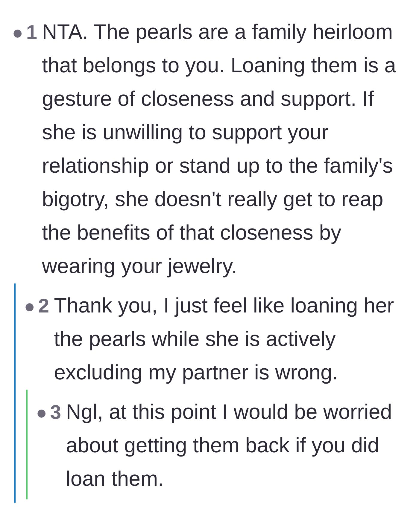 Comment thread 4 - A reader points out that loaning the necklace is a gesture of support the sister hasn't earned.