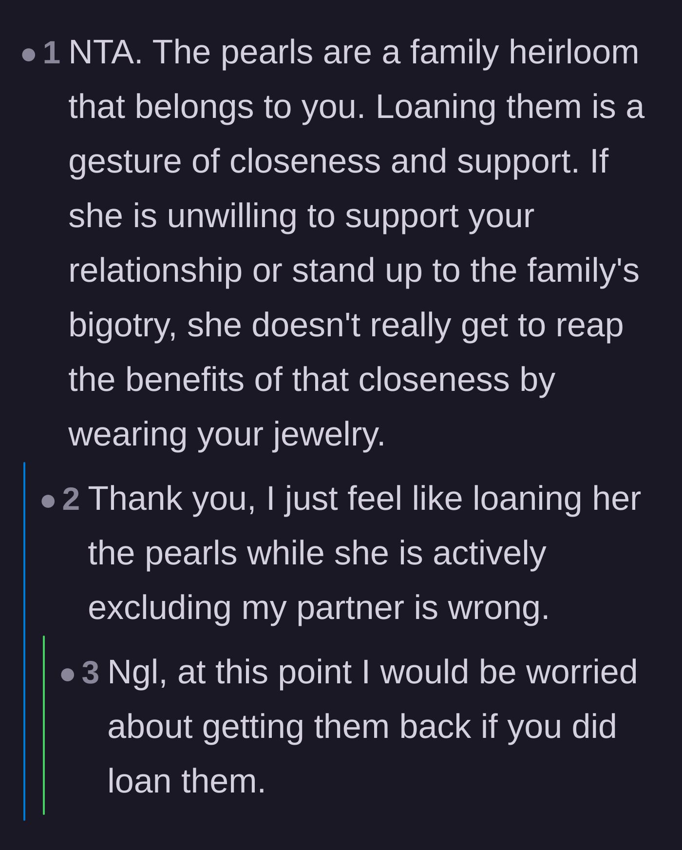 Comment thread 4 - A reader points out that loaning the necklace is a gesture of support the sister hasn't earned.
