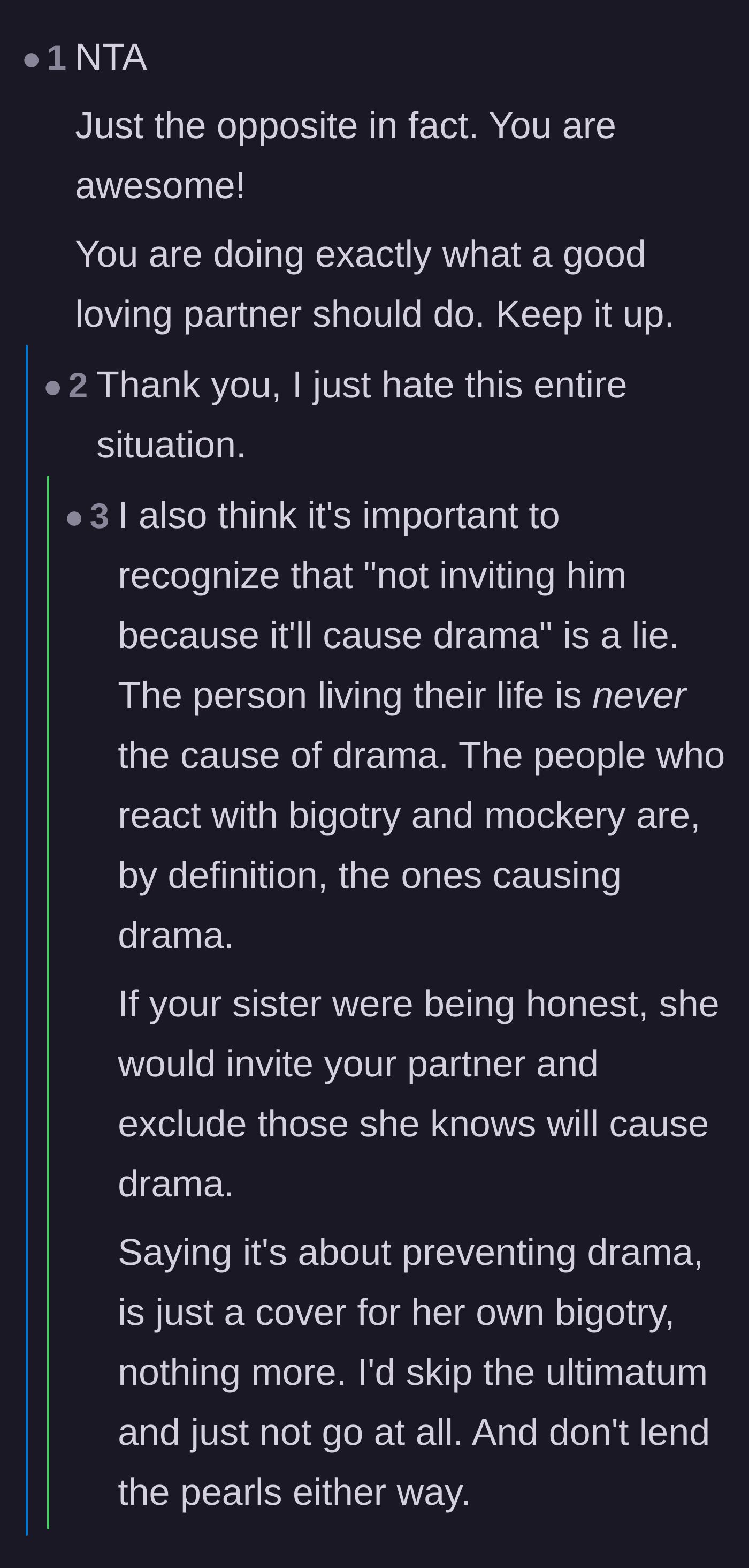 Comment thread 6 - Supporters validate the main character's choice to stand by her partner and ignore the 'drama' excuse.