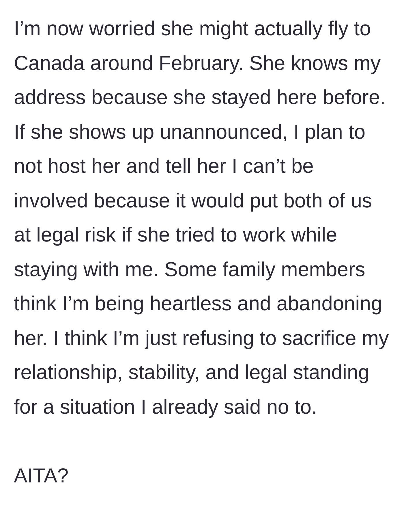 Story part 7 - The son worries she will show up unannounced at his door in February and resolves to turn her away, despite family backlash.