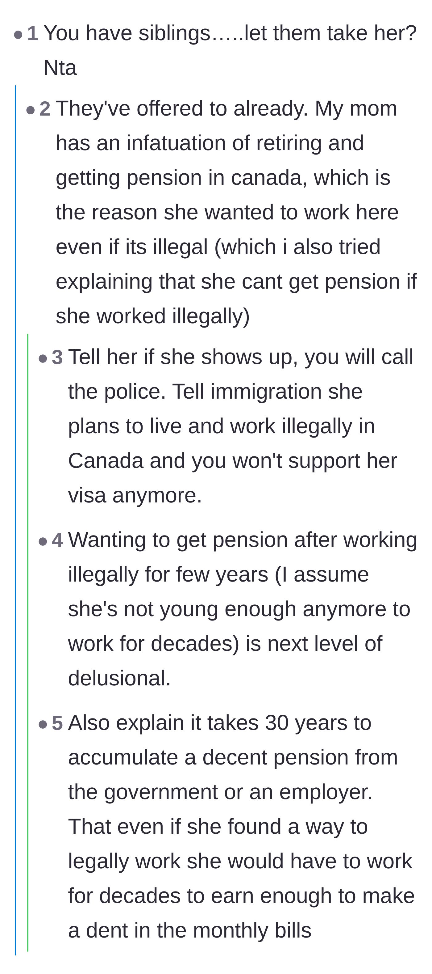 Comment thread 1 - Discussion about the mother's unrealistic belief that illegal work earns a Canadian pension