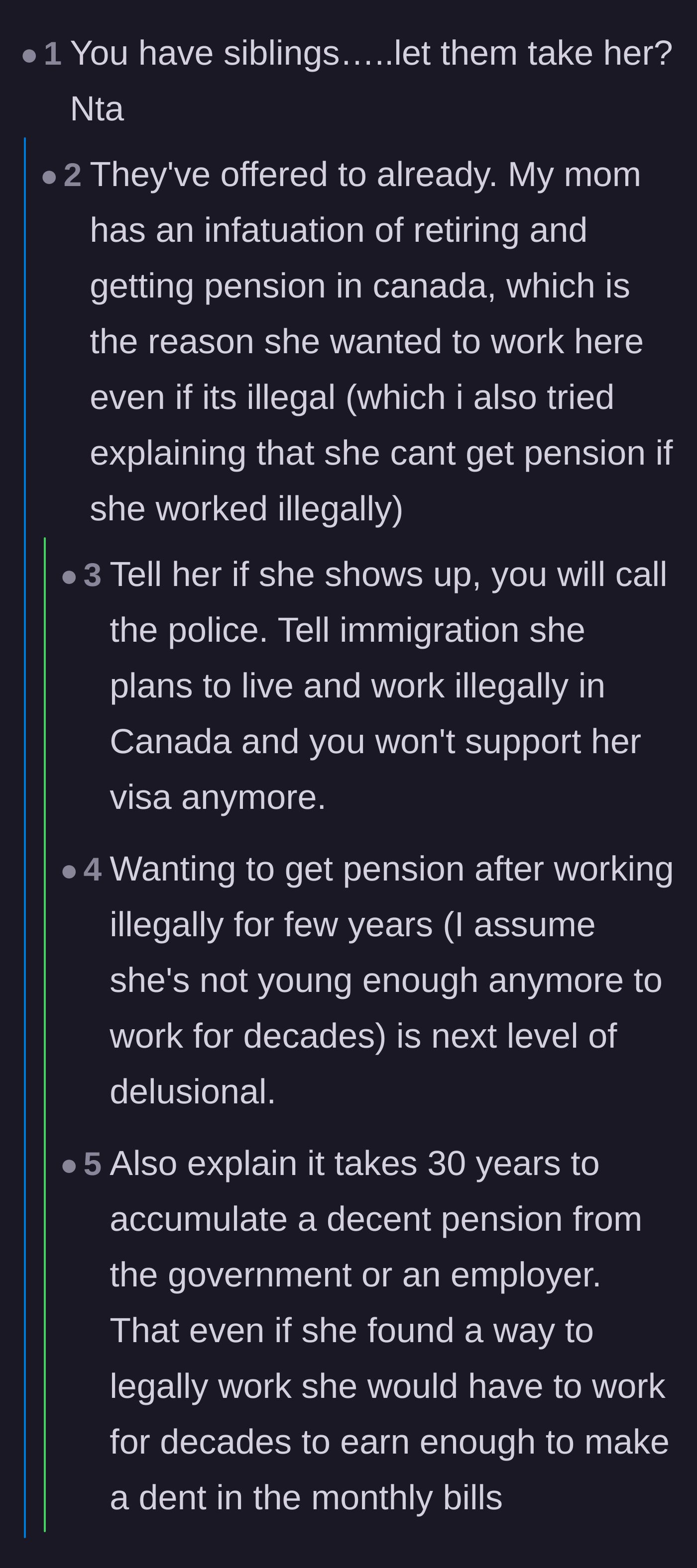 Comment thread 1 - Discussion about the mother's unrealistic belief that illegal work earns a Canadian pension