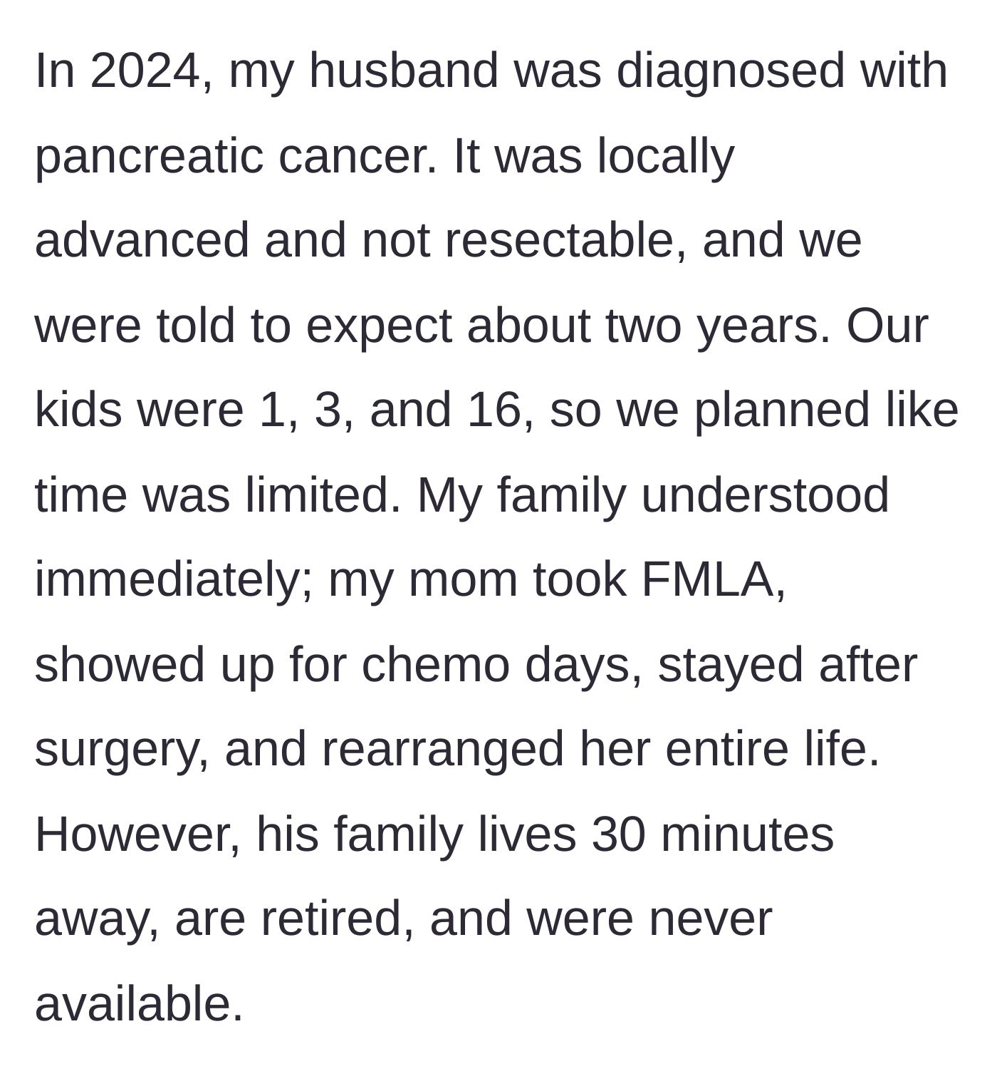 Story part 1 - A wife receives a devastating two-year timeline for her husband's cancer, noting how her mother rushed to help while her retired in-laws stayed away.
