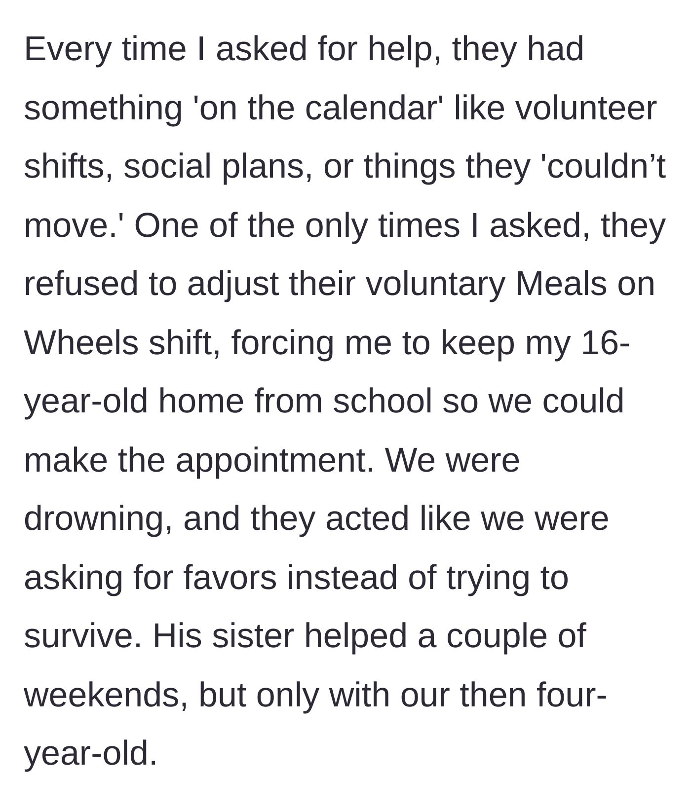 Story part 2 - The mother describes how her in-laws repeatedly chose volunteer shifts and social plans over helping, forcing her teenager to skip school to assist.